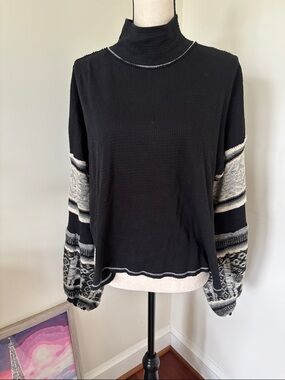 Free People Black and Gray Turtleneck Oversized Sweater XS